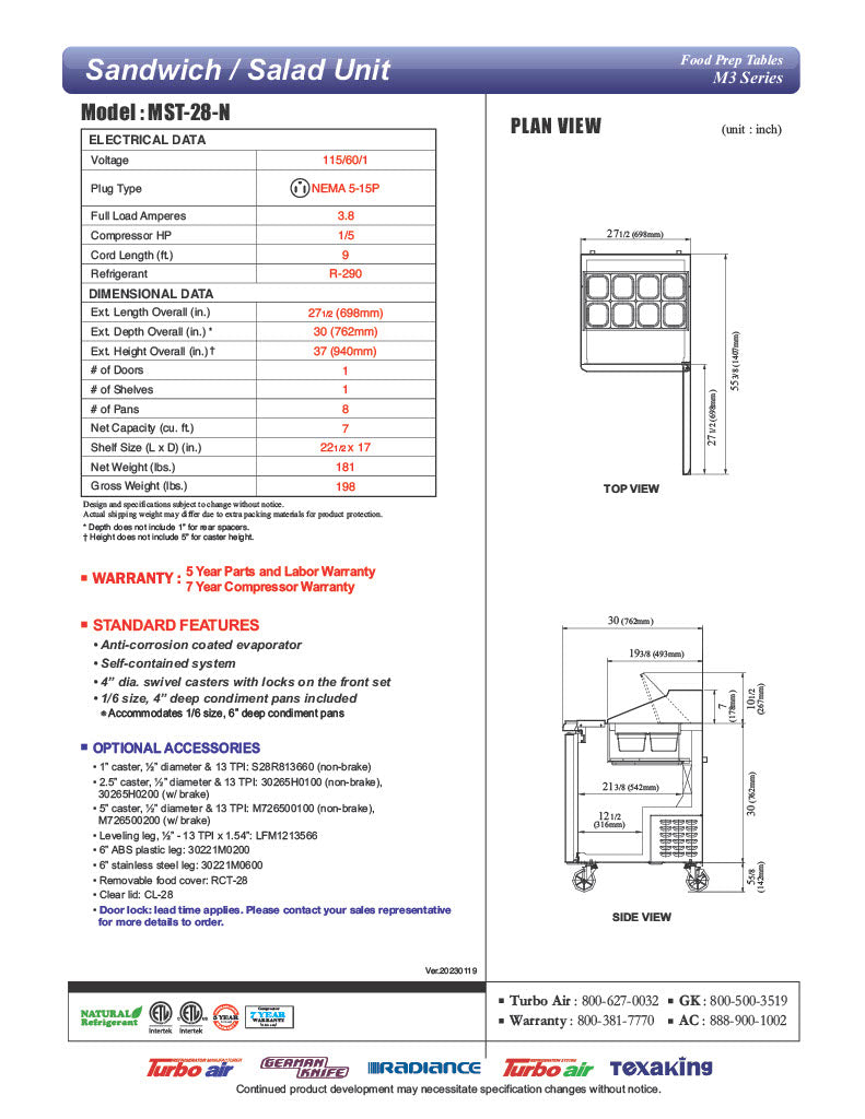 Turbo Air MST-28-N M3 Series 28" 1 Door Stainless Steel Refrigerated Sandwich Prep Table - Donut-Equipment.com