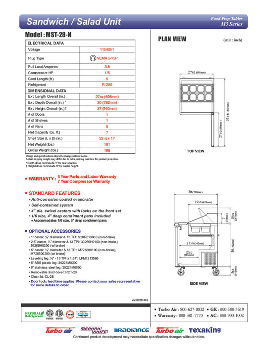 Turbo Air MST-28-N M3 Series 28" 1 Door Stainless Steel Refrigerated Sandwich Prep Table - Donut-Equipment.com