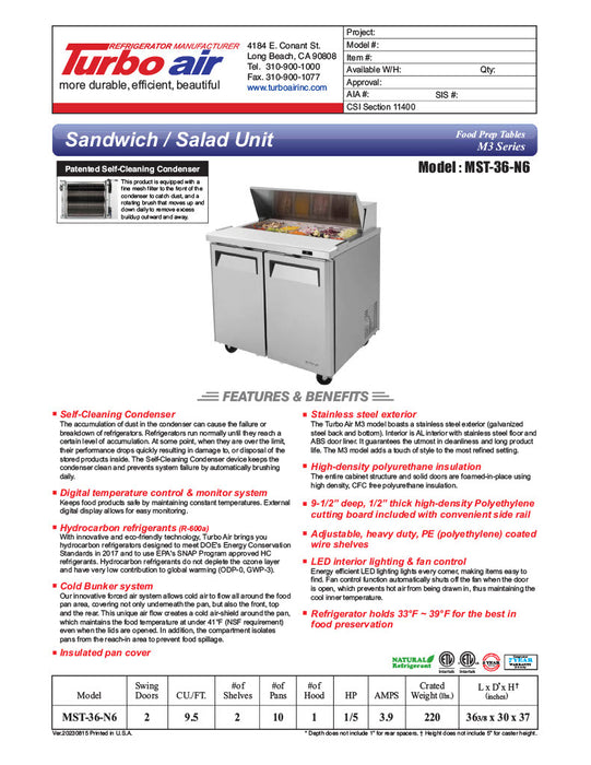 Turbo Air MST-36-N6 M3 Series 36" 2 Door Stainless Steel Refrigerated Sandwich Prep Table - Donut-Equipment.com
