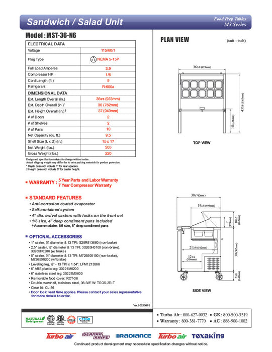 Turbo Air MST-36-N6 M3 Series 36" 2 Door Stainless Steel Refrigerated Sandwich Prep Table - Donut-Equipment.com