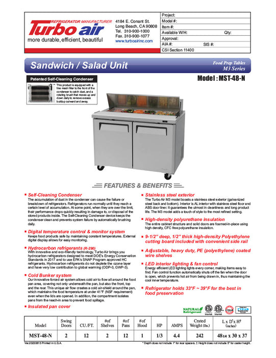 Turbo Air MST-48-N M3 Series 48" 2 Door Stainless Steel Refrigerated Sandwich Prep Table - Donut-Equipment.com