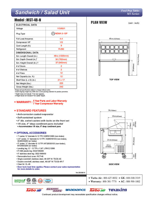 Turbo Air MST-48-N M3 Series 48" 2 Door Stainless Steel Refrigerated Sandwich Prep Table - Donut-Equipment.com