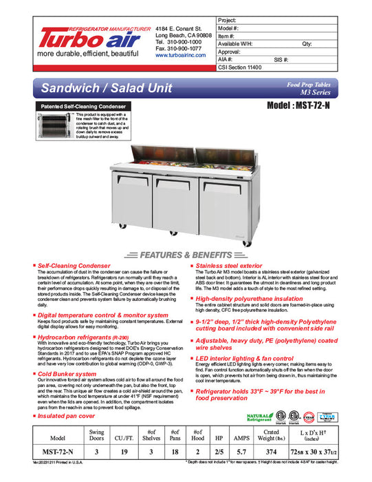 Turbo Air MST-72-N M3 Series 72" 3 Door Stainless Steel Refrigerated Sandwich Prep Table - Donut-Equipment.com