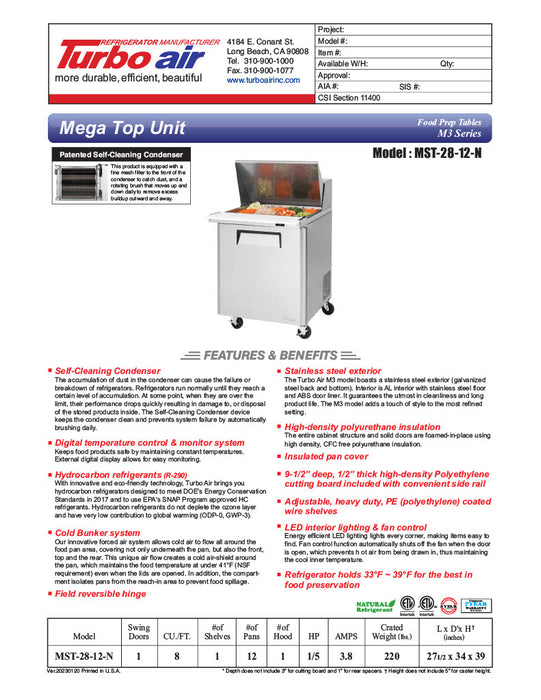 Turbo Air MST-28-12-N M3 Series 28" 1 Door Mega Top Stainless Steel Refrigerated Sandwich Prep Table - Donut-Equipment.com