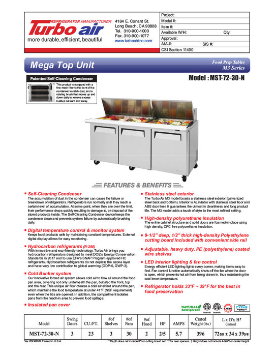 Turbo Air MST-72-30-N M3 Series 72" 3 Door Mega Top Stainless Steel Refrigerated Sandwich Prep Table - Donut-Equipment.com
