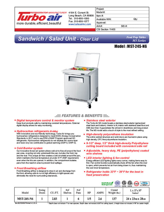 Turbo Air M3 Series MST-24S-N6 24" 1 Door Refrigerated Salad Prep Table with Clear Lid - Donut-Equipment.com