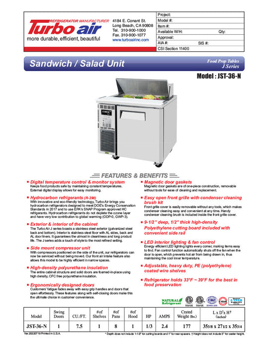 Turbo Air JST-36-N 36" 1 Door Side Mount Compressor Refrigerated Sandwich Prep Table - Donut-Equipment.com