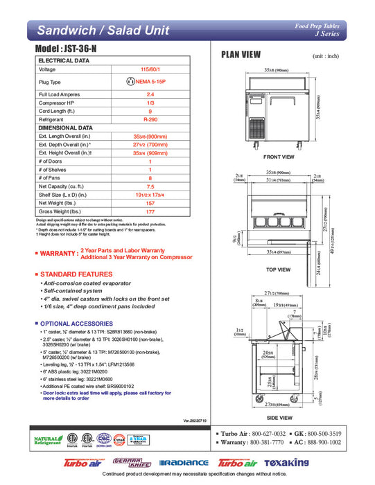 Turbo Air JST-36-N 36" 1 Door Side Mount Compressor Refrigerated Sandwich Prep Table - Donut-Equipment.com