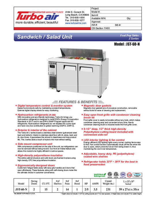 Turbo Air JST-60-N 60" 2 Door Side Mount Compressor Refrigerated Sandwich Prep Table - Donut-Equipment.com