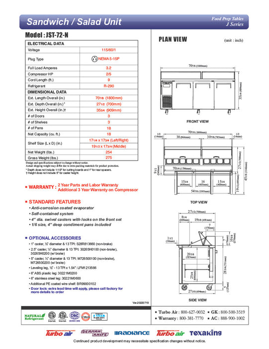 Turbo Air JST-72-N 71" 3 Door Side Mount Compressor Refrigerated Sandwich Prep Table - Donut-Equipment.com