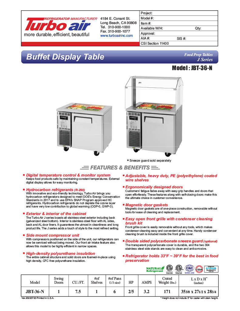 Turbo Air JBT-36-N 35" Stainless Steel Refrigerated Buffet Display Table - Donut-Equipment.com