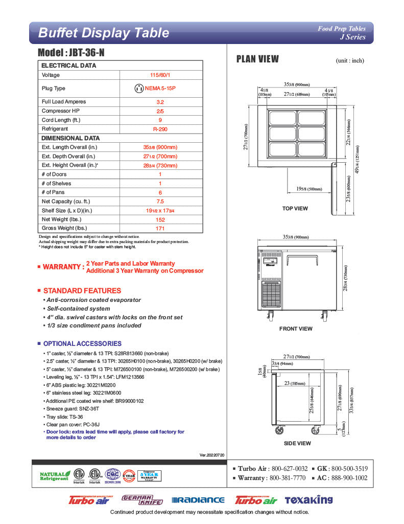 Turbo Air JBT-36-N 35" Stainless Steel Refrigerated Buffet Display Table - Donut-Equipment.com