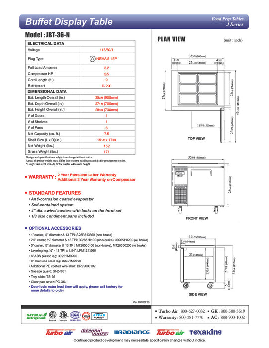 Turbo Air JBT-36-N 35" Stainless Steel Refrigerated Buffet Display Table - Donut-Equipment.com