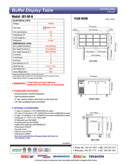 Turbo Air JBT-60-N 59" Stainless Steel Refrigerated Buffet Display Table - Donut-Equipment.com