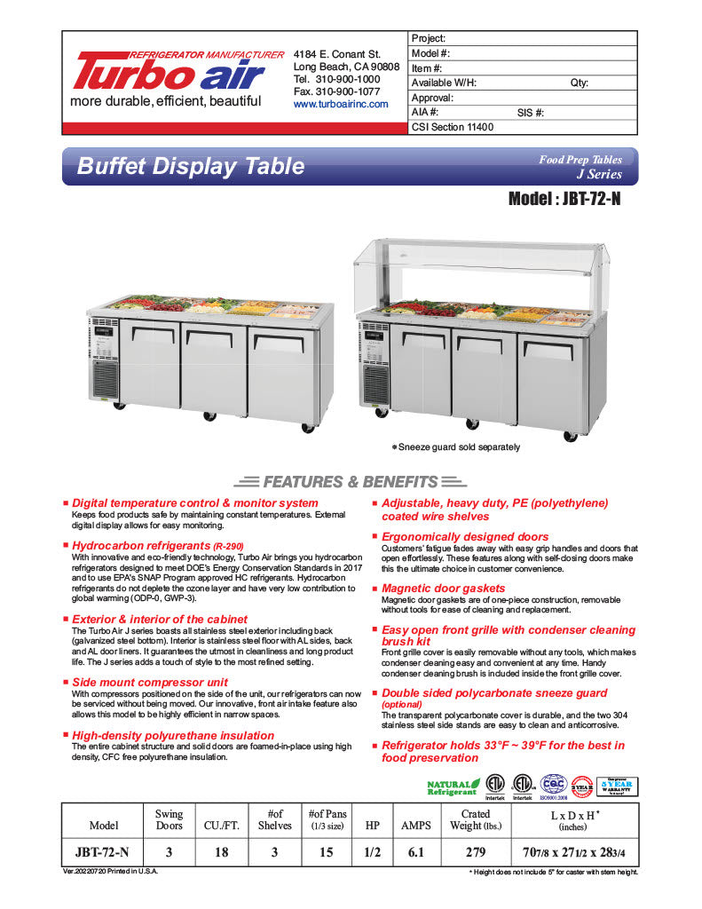 Turbo Air JBT-72-N 71" Stainless Steel Refrigerated Buffet Display Table - Donut-Equipment.com
