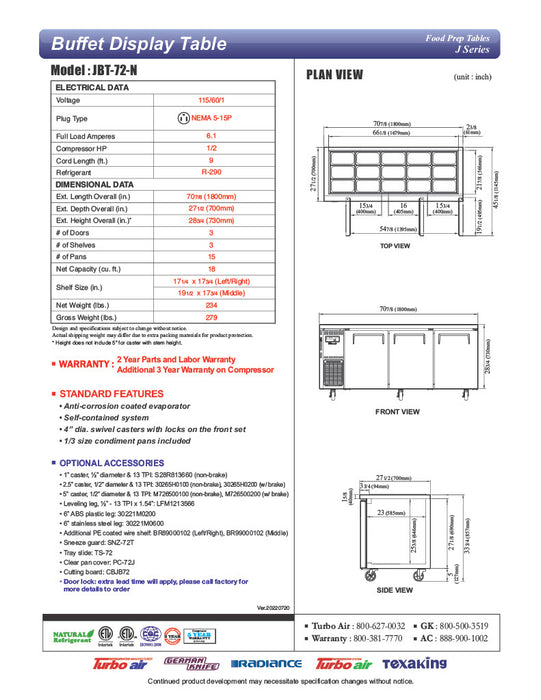 Turbo Air JBT-72-N 71" Stainless Steel Refrigerated Buffet Display Table - Donut-Equipment.com