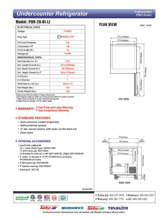 Turbo Air PUR-28-N 27 1/2" W Undercounter Refrigerator w/ 1 Section & 1 Door - Donut-Equipment.com
