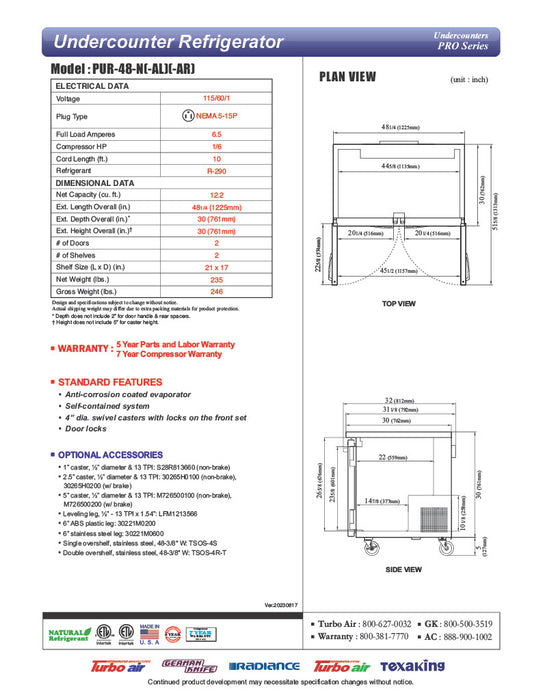 Turbo Air PUR-48-N 48 1/4" W Undercounter Refrigerator w/ 2 Sections & 2 Doors - Donut-Equipment.com