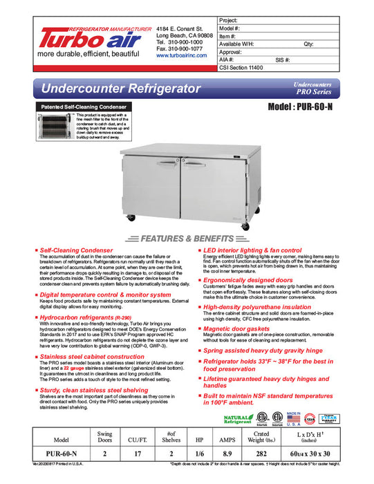 Turbo Air PUR-60-N 60 1/4" W Undercounter Refrigerator w/ 2 Sections & 2 Doors - Donut-Equipment.com