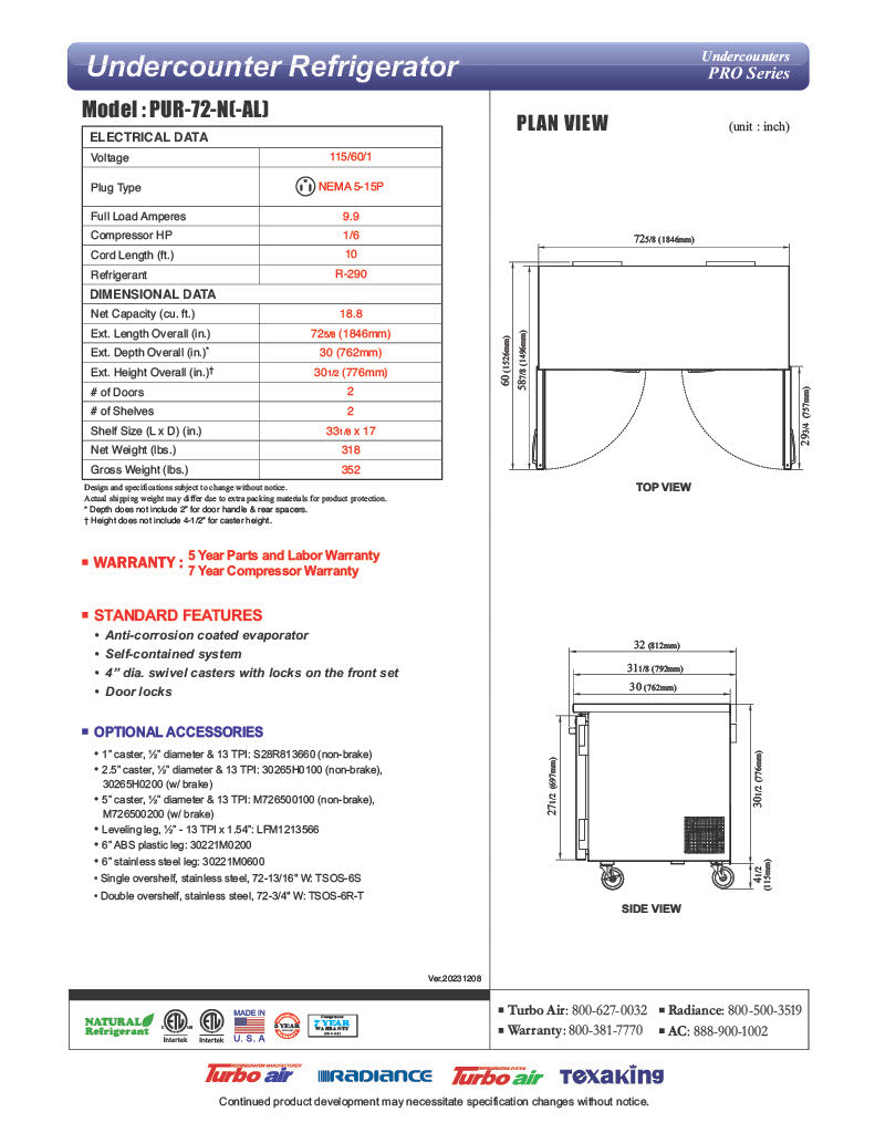 Turbo Air PUR-72-N 72 5/8" W Undercounter Refrigerator w/ 2 Sections & 2 Doors - Donut-Equipment.com