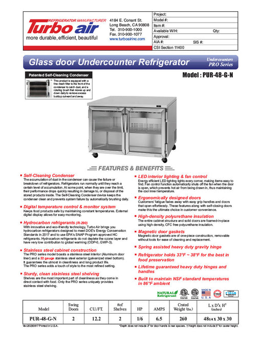 Turbo Air PUR-48-G-N 48 1/4" W Undercounter Refrigerator w/ 2 Sections & 2 Glass Doors - Donut-Equipment.com