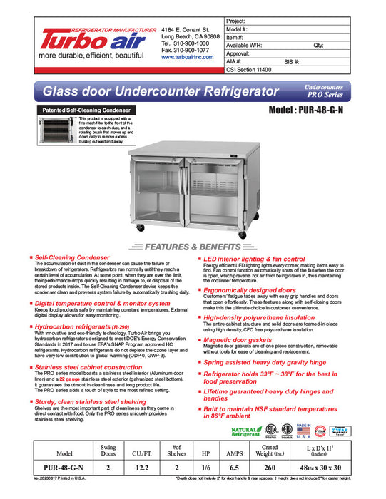 Turbo Air PUR-48-G-N 48 1/4" W Undercounter Refrigerator w/ 2 Sections & 2 Glass Doors - Donut-Equipment.com