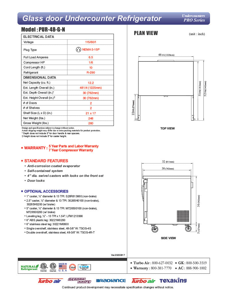 Turbo Air PUR-48-G-N 48 1/4" W Undercounter Refrigerator w/ 2 Sections & 2 Glass Doors - Donut-Equipment.com
