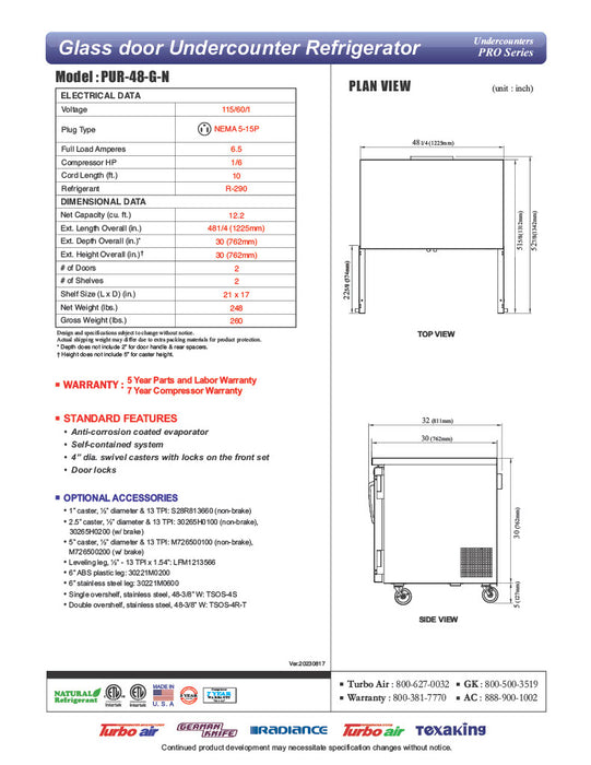 Turbo Air PUR-48-G-N 48 1/4" W Undercounter Refrigerator w/ 2 Sections & 2 Glass Doors - Donut-Equipment.com