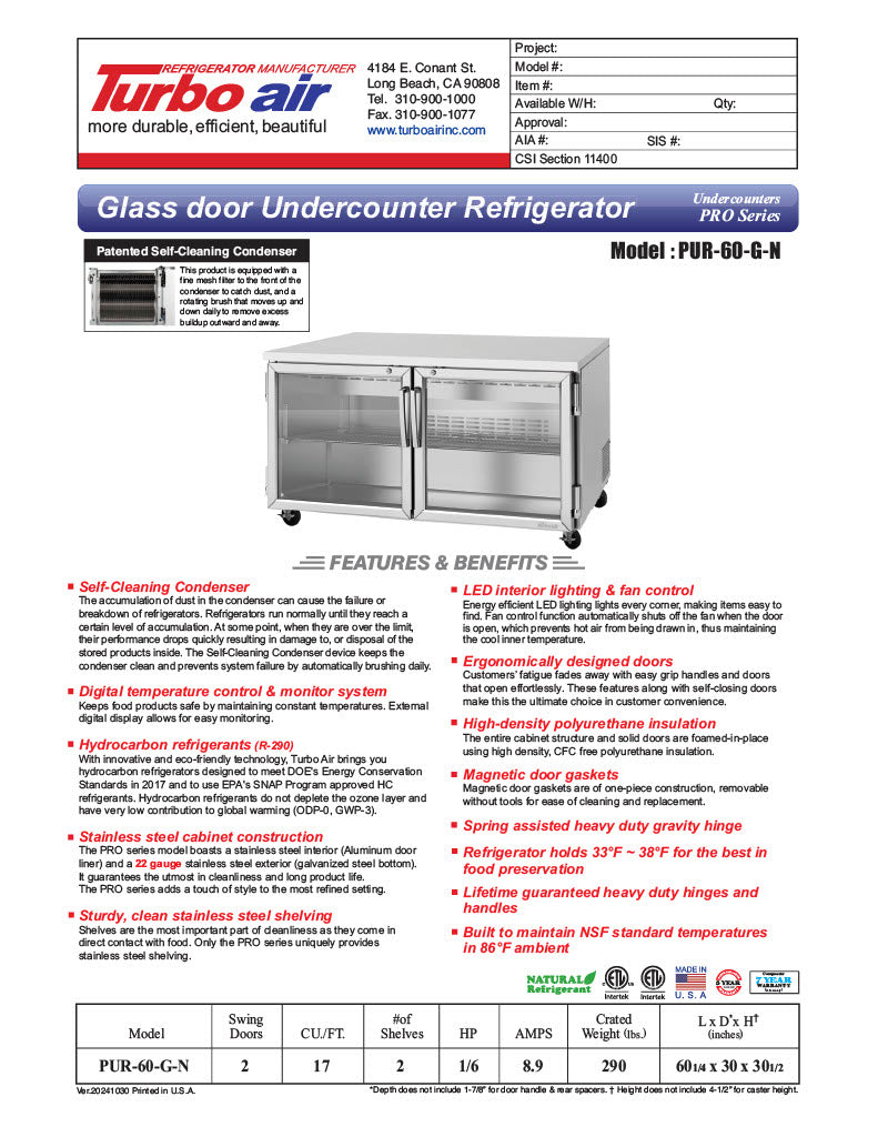Turbo Air PUR-60-G-N 60 1/4" W Undercounter Refrigerator w/ 2 Sections & 2 Glass Doors - Donut-Equipment.com
