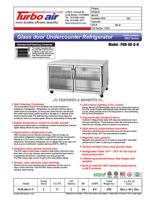 Turbo Air PUR-60-G-N 60 1/4" W Undercounter Refrigerator w/ 2 Sections & 2 Glass Doors - Donut-Equipment.com