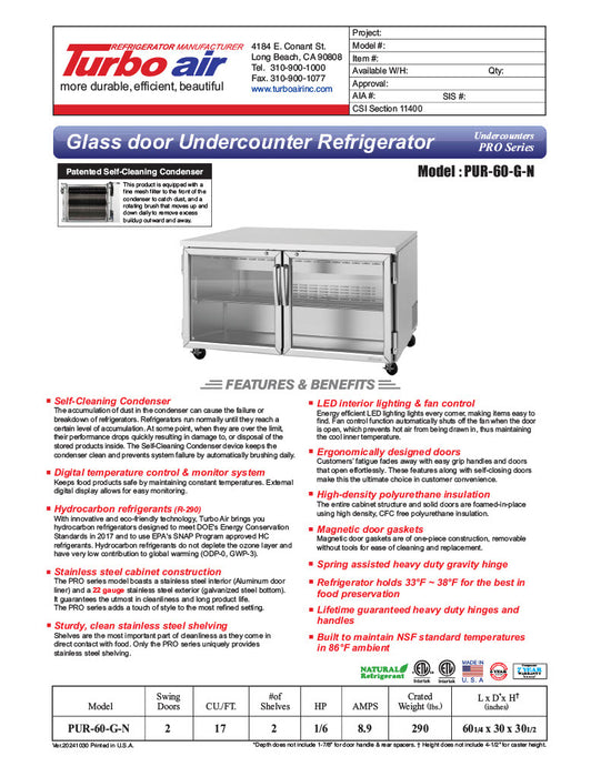 Turbo Air PUR-60-G-N 60 1/4" W Undercounter Refrigerator w/ 2 Sections & 2 Glass Doors - Donut-Equipment.com