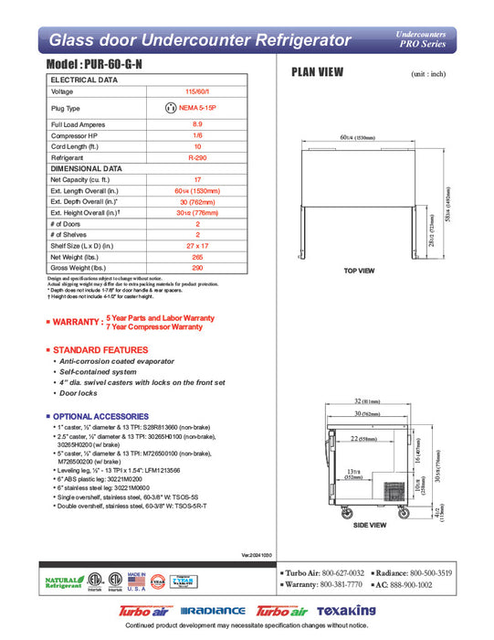 Turbo Air PUR-60-G-N 60 1/4" W Undercounter Refrigerator w/ 2 Sections & 2 Glass Doors - Donut-Equipment.com