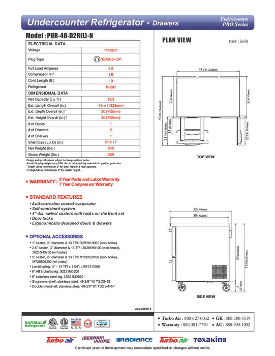 Turbo Air PUR-48-D2R-N 48 1/4" W Undercounter Refrigerator w/ (2) Sections - (1) Door & (2) Drawers - Donut-Equipment.com