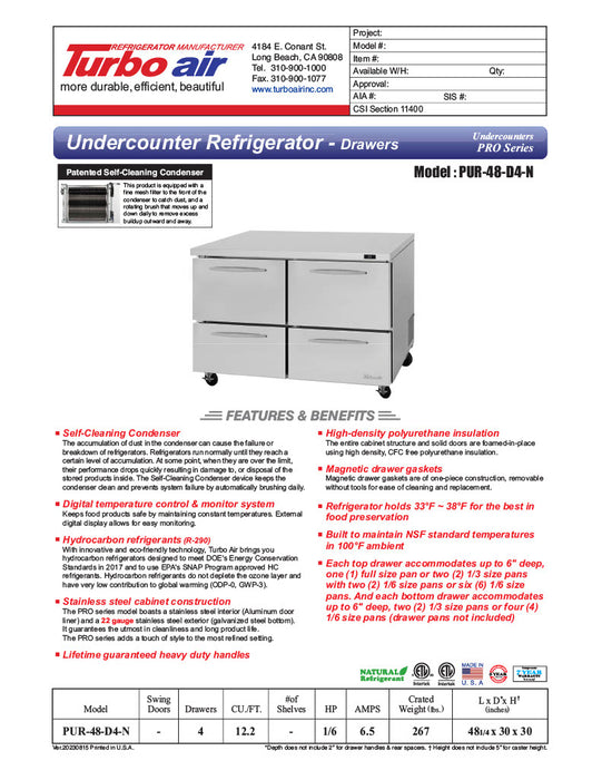 Turbo Air PUR-48-D4-N 48 1/4" W Undercounter Refrigerator w/ 2 Sections & 4 Drawers - Donut-Equipment.com