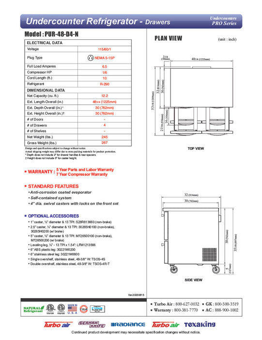 Turbo Air PUR-48-D4-N 48 1/4" W Undercounter Refrigerator w/ 2 Sections & 4 Drawers - Donut-Equipment.com
