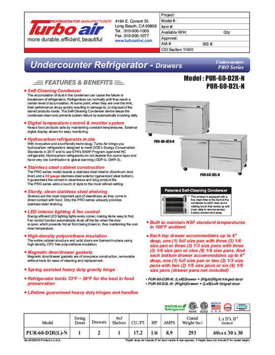 Turbo Air PUR-60-D2R-N 60 1/4" Undercounter Refrigerator w/ (2) Sections - (1) Door & (2) Drawers - Donut-Equipment.com