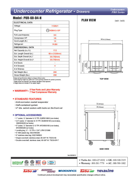 Turbo Air PUR-60-D4-N 60 1/4" W Undercounter Refrigerator w/ 2 Sections & 4 Drawers - Donut-Equipment.com