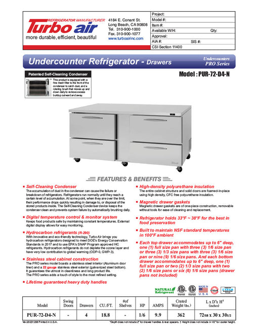 Turbo Air PUR-72-D4-N 72 5/8" W Undercounter Refrigerator w/ 2 Sections & 4 Drawers - Donut-Equipment.com