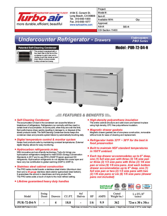 Turbo Air PUR-72-D4-N 72 5/8" W Undercounter Refrigerator w/ 2 Sections & 4 Drawers - Donut-Equipment.com