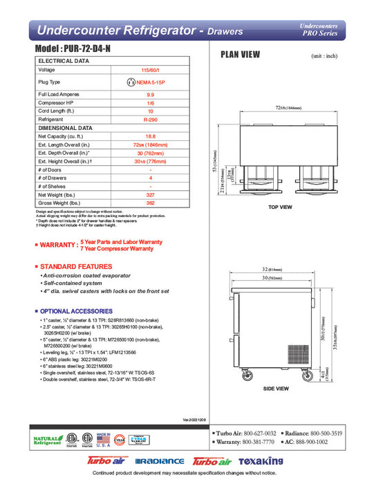 Turbo Air PUR-72-D4-N 72 5/8" W Undercounter Refrigerator w/ 2 Sections & 4 Drawers - Donut-Equipment.com