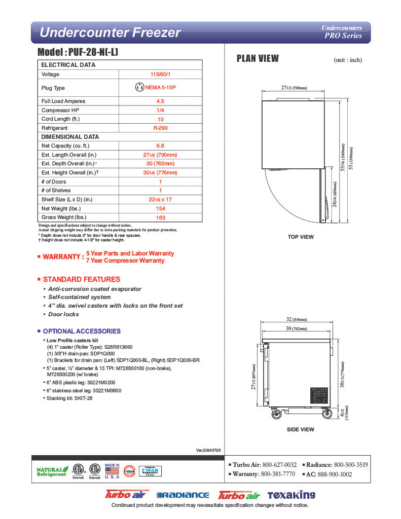 Turbo Air PUF-28-N 27 1/2" W Undercounter Freezer w/ 1 Section & 1 Door - Donut-Equipment.com