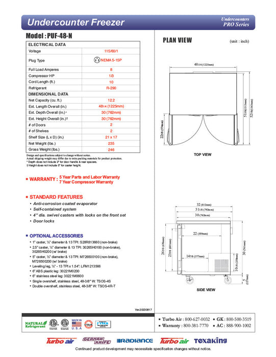 Turbo Air PUF-48-N 48 1/4" W Undercounter Freezer w/ 2 Sections & 2 Doors - Donut-Equipment.com