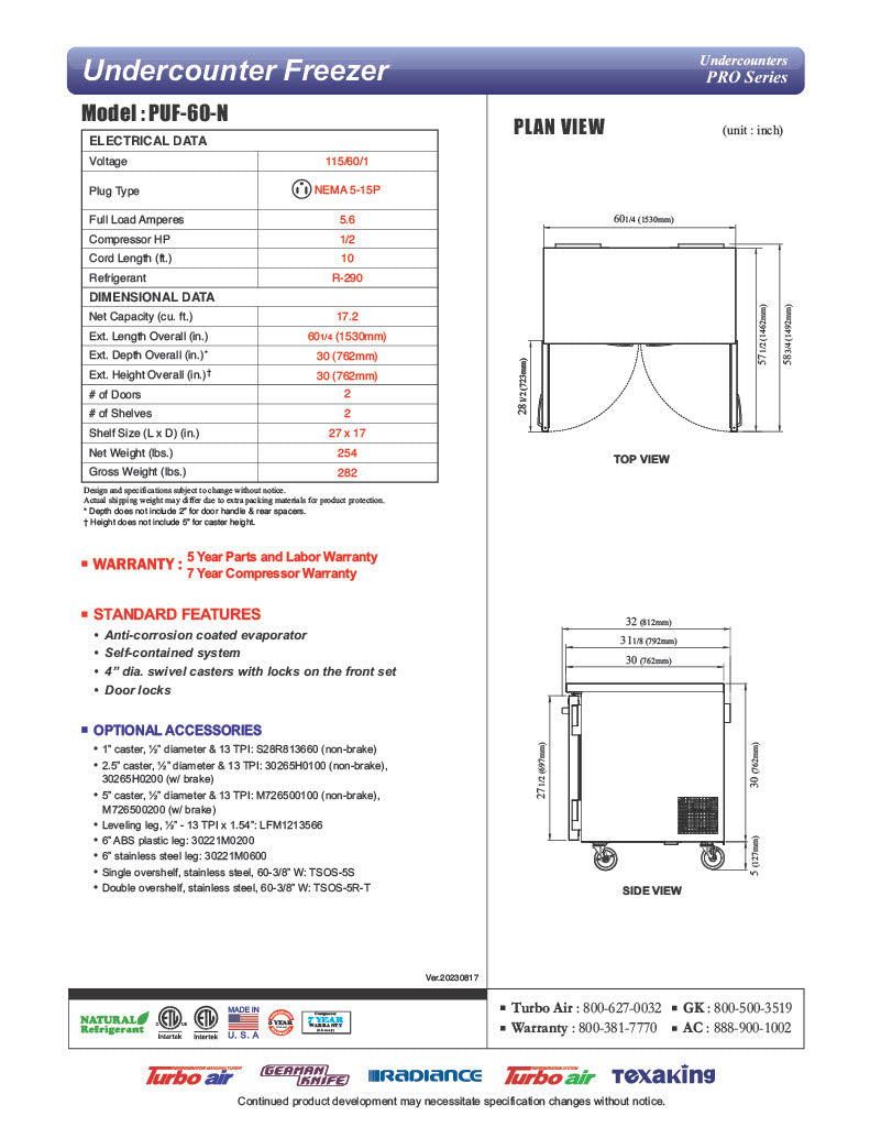 Turbo Air PUF-60-N 60 1/4" W Undercounter Freezer w/ 2 Sections & 2 Doors - Donut-Equipment.com