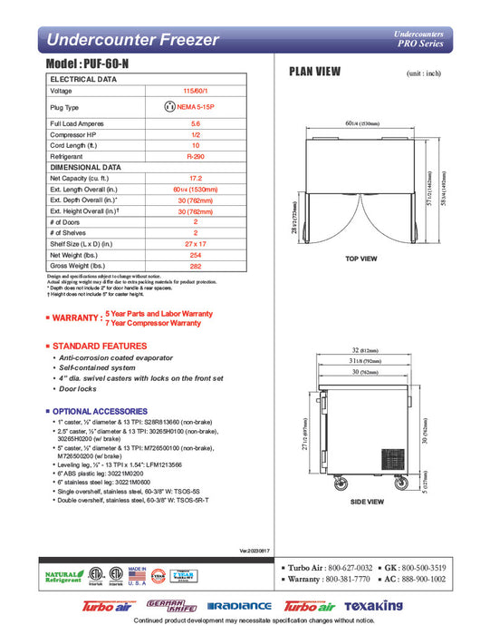 Turbo Air PUF-60-N 60 1/4" W Undercounter Freezer w/ 2 Sections & 2 Doors - Donut-Equipment.com