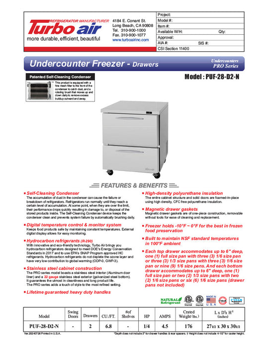 Turbo Air PUF-28-D2-N 27 1/2" W Undercounter Freezer w/ 1 Section & 2 Drawers - Donut-Equipment.com