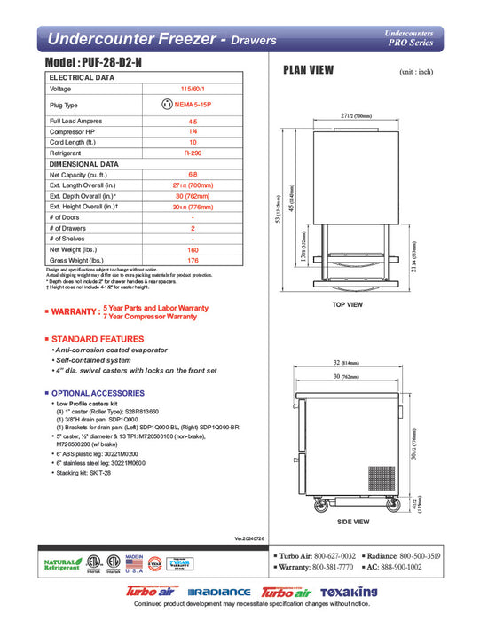 Turbo Air PUF-28-D2-N 27 1/2" W Undercounter Freezer w/ 1 Section & 2 Drawers - Donut-Equipment.com