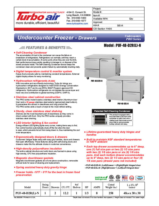 Turbo Air PUF-48-D2R-N 48 1/4" Undercounter Freezer w/ (2) Sections - (1) Door & (2) Drawers - Donut-Equipment.com