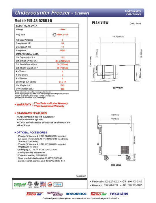 Turbo Air PUF-48-D2R-N 48 1/4" Undercounter Freezer w/ (2) Sections - (1) Door & (2) Drawers - Donut-Equipment.com
