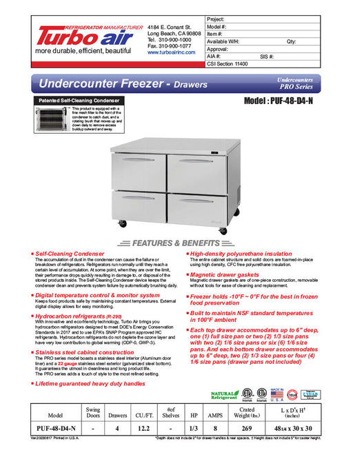Turbo Air PUF-48-D4-N 48 1/4" W Undercounter Freezer w/ (2) Sections & (4) Drawers - Donut-Equipment.com