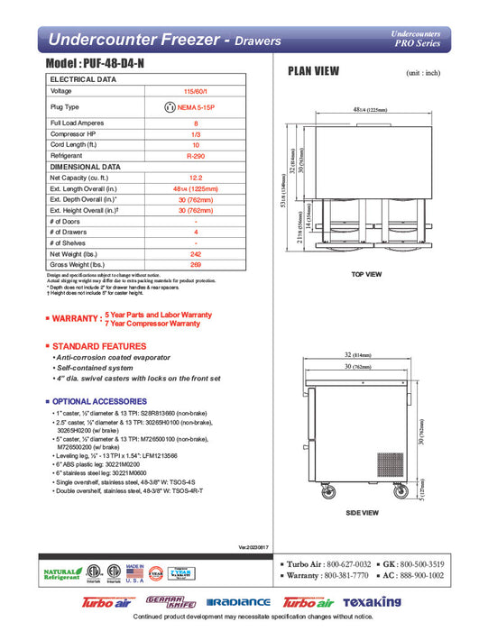 Turbo Air PUF-48-D4-N 48 1/4" W Undercounter Freezer w/ (2) Sections & (4) Drawers - Donut-Equipment.com